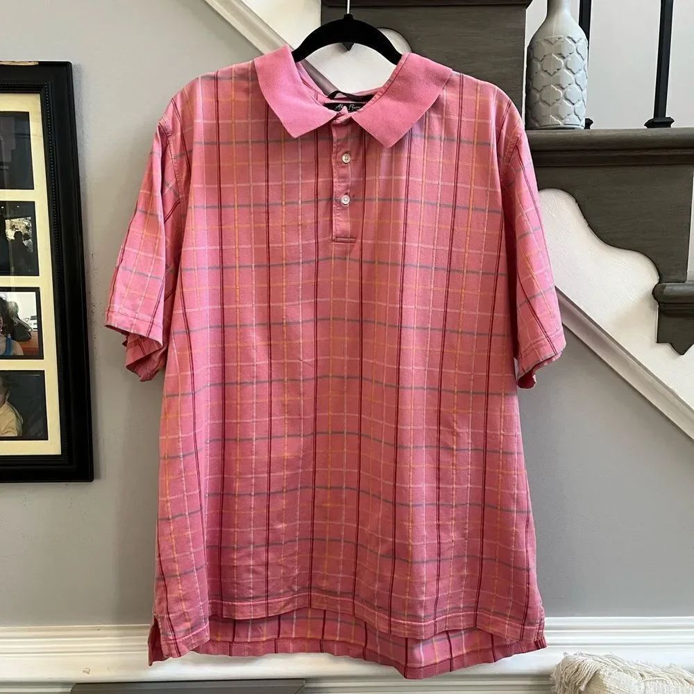 Alan Flusser Golf Pink Embroidered Plaid Polo Shirt sz XL EUC